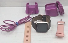 Fitbit Versa FB504 Smartwatch - Black/Rose Gold 2 Chargers Black Leather Band.