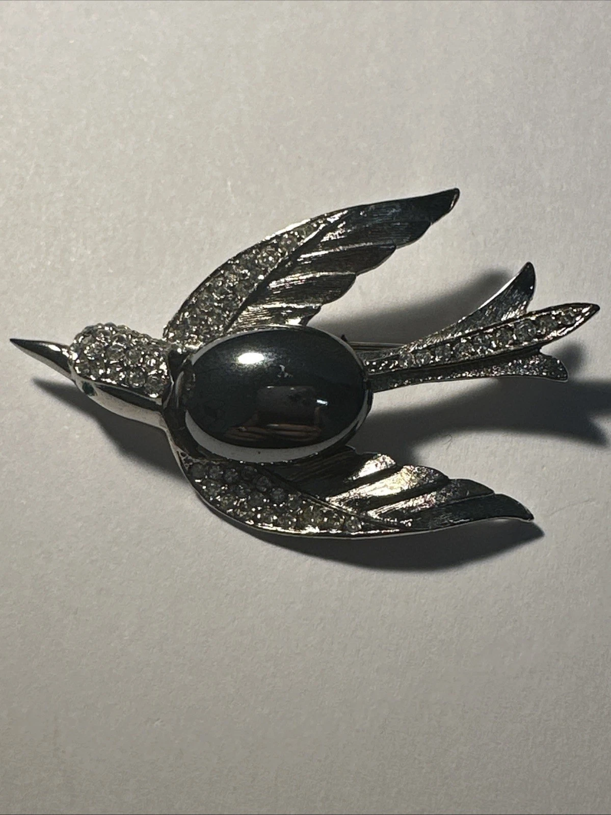 Broche Oiseau Argentée Pierre Argentée Et Strass Blanc Bijoux Fantaisie