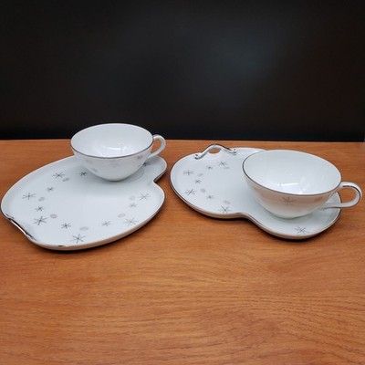Vtg Fine Snowflake Japan Atomic Starburst Snack 2 Sets Cup & Plate Silver Trim