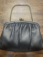 Vintage Black Leather Kisslock evening Bag Metal Chain Handle Clutch