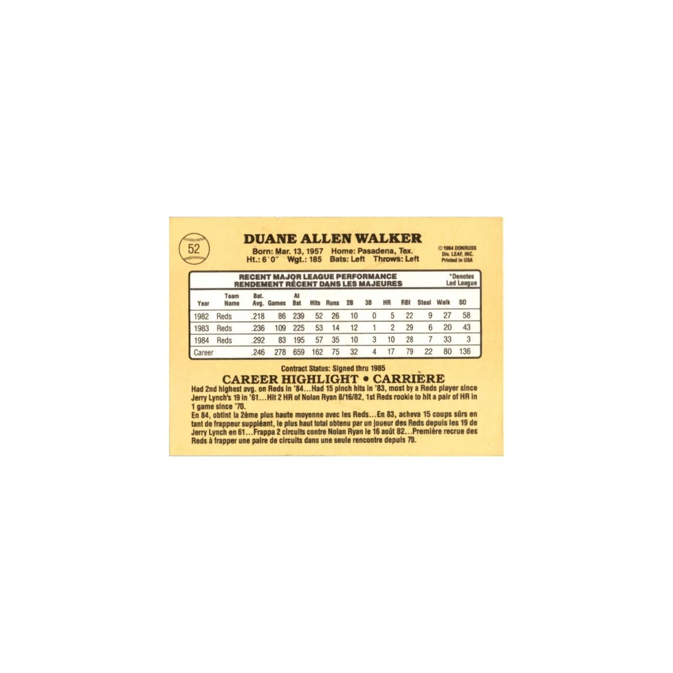 Duane Walker 1985 Leaf #52 Cincinnati Reds Baseball Card NM - Image 2 of 3