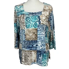 ALFRED DUNNER Women’s Pullover Top Sz Medium Square Neck 3/4 Sleeves Multi Color