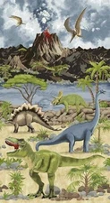 Prehistoric Dinosaur Volcano Cotton Fabric Timeless Treasures C6585 23.5" Panel