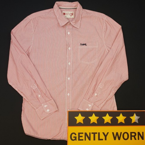 Mustang Shirt LARGE Regular Fit Pink Mens Long Sleeve Striped Cotton