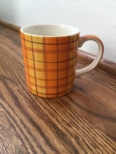Harry and David Orange Plaid Coffee Mug Cup