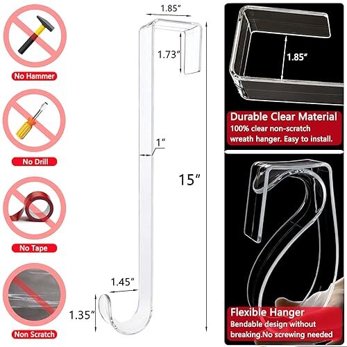 Wreath Hangers for Front Door,15 in Door Hanger Hook Clear 15 inch-Clear-2 Pack - Picture 6 of 7