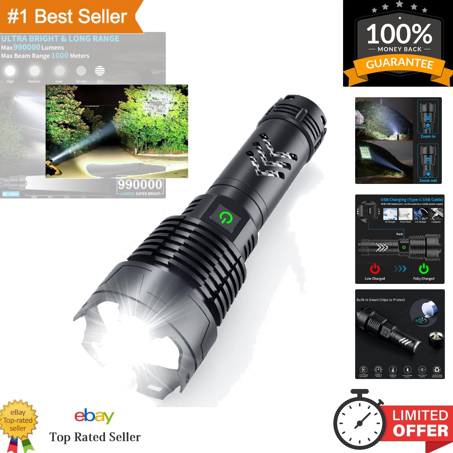 High-Powered 990000 Lumens Tactical Flashlight - USB-C Rechargeable, Durability