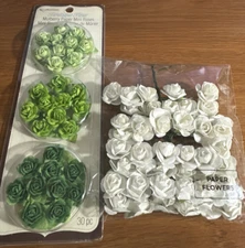 Handmade Mini Mulberry Paper Roses 1/2" Paper Flowers white & 3 shades of green