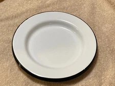 White Enamelware Round Black Trim  Plate  Nine Inches  Diameter