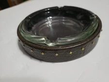 Vintage Clear Glass AshTray Round Heavy Retro MCM 6 3/4” Faux Leather Surround