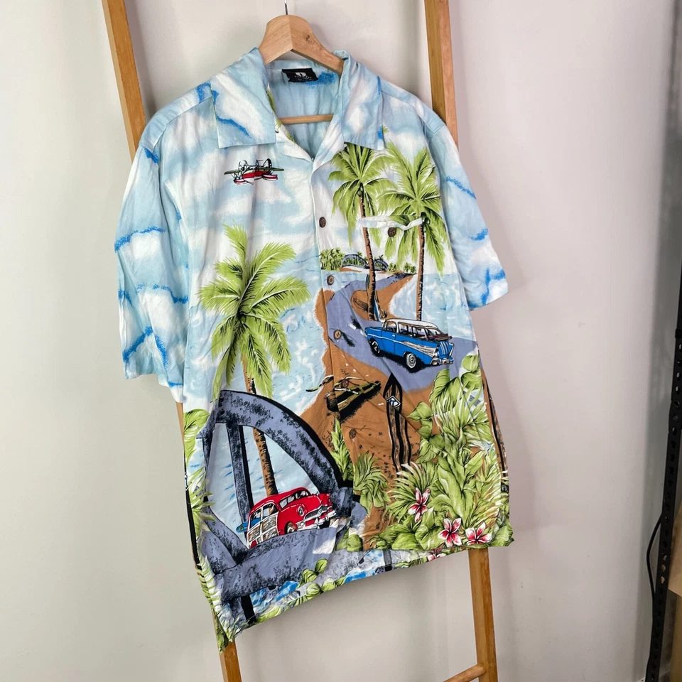 Camisa Hang Ten Abotonada Para Hombre Grande Azul Hawaiana Tropical Manga Corta Verano Foto 3 de 4