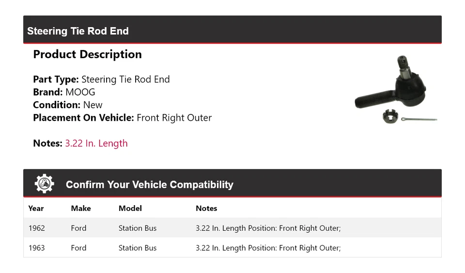 For 1962-1963 Ford Station Bus Steering Tie Rod End Front Right Outer MOOG - Image 2 of 4