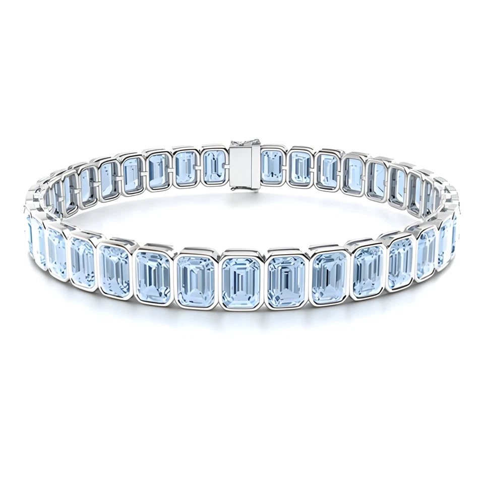 Brazalete Tenis Plata de Ley 925 Bisel Aguamarina Corte Esmeralda 6x4mm Foto 4 de 4