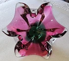 VTG HUT CHARLOTTA Murano Style Art Glass Bowl  Cranberry Watermelon Flower Dish
