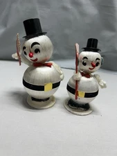 Vintage PAIR Christmas Satin Thread Ball Snowman w/Chenille Arms & Shovel Japan