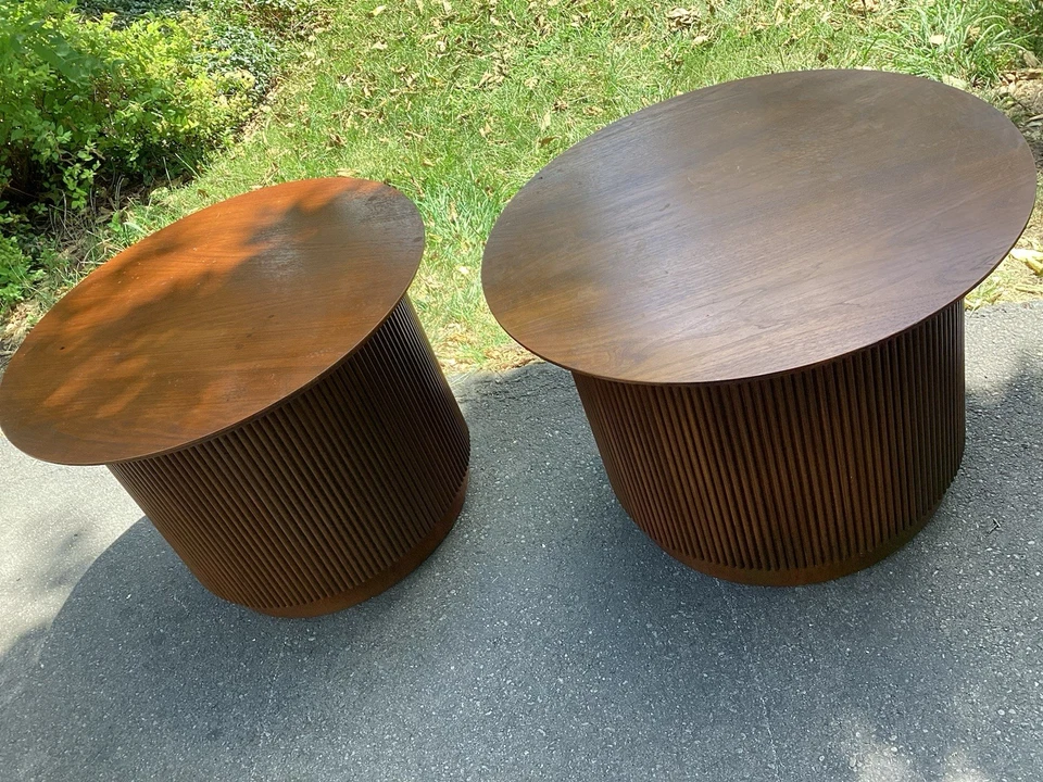 LANE First Edition MCM Mid Century Round Cabinet End Tables, Nightstands, A Pair - Image 3 of 4