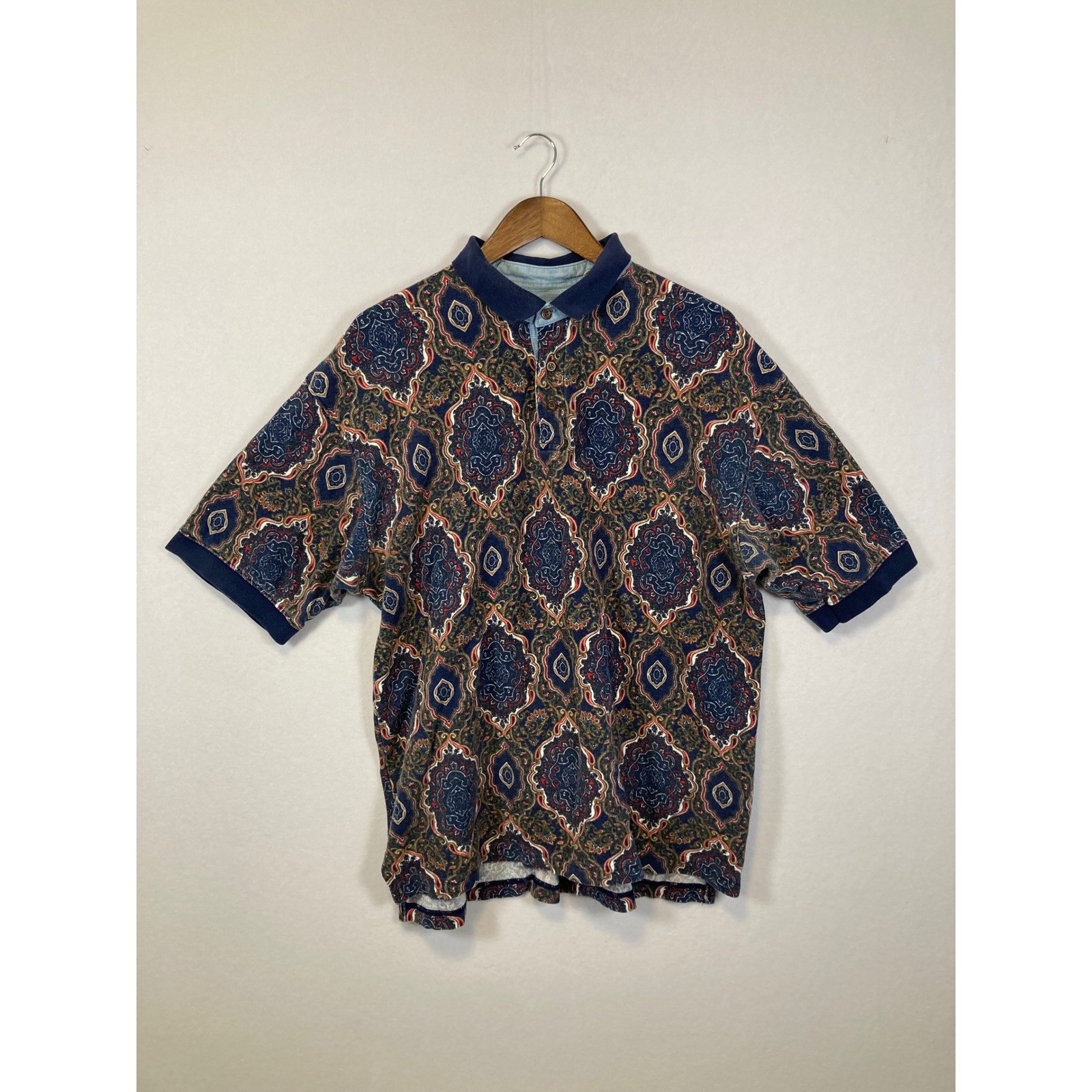 Vintage St Johns Bay Mens XL Paisley Medallion Polo Shirt Navy Blue Cotton 90s