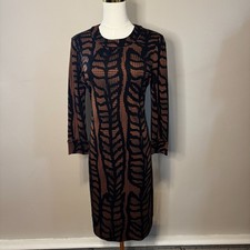 TORY BURCH 100% Silk Knit Dress Brown Black Leaf Geometric Long Sleeve Size S