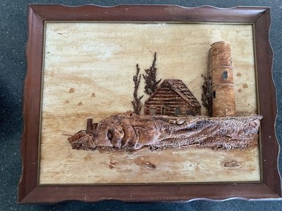 Unique3D Framed Handcrafted Wood & Bark Relief Wall Art Rustic Cabin Scene 12x16