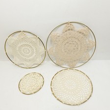 Set of 4 Vintage Handmade Crochet Lace Doily Gold Tone Hoop Wall Art Boho Decor