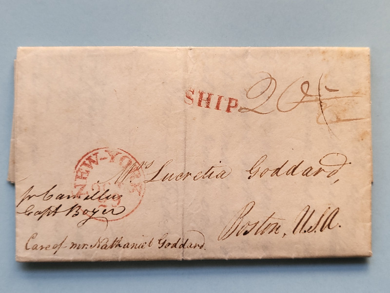 19thC ship stampless cover son's travels Goddard Family trade merchants Boston