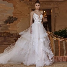 Tiered Wedding Dresses V-Neck Backless Spaghetti Straps For Women Appliques Lace