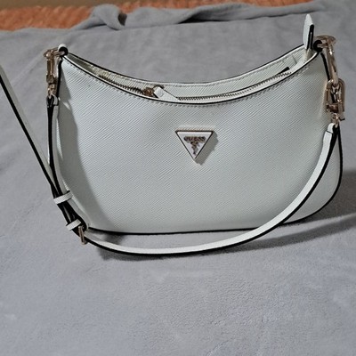 GUESS Crescent Shoulder Bag White Gold Hardware Logo Zipper Matte Inner Pockets
