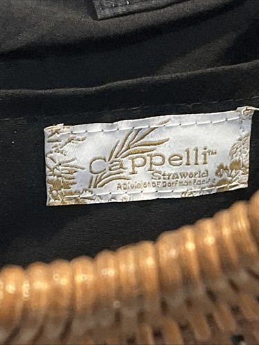 VTG Cappelli Straworld straw handbag Black boho woven raffia Wooden Handle NOS - Picture 5 of 8