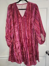 UNCLE FRANK IVY JANE Rasberry V-Neck Striped Velvet Balloon Sleeve Dress L Boho