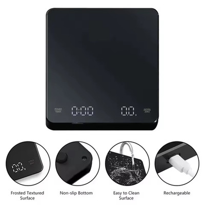 Digital Kitchen Scale Timer 3KG 0.1g USB Rechargeable Coffee Espresso Tare LCD