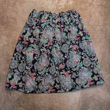 Vintage 90s Handmade Paisley Bird Midi Skirt Multicolor Black Elastic Waist Boho