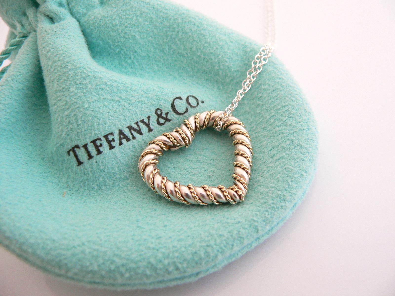 Tiffany & Co Silver Gold Heart Rope Necklace Pendant Charm 19 In Chain Long Gift