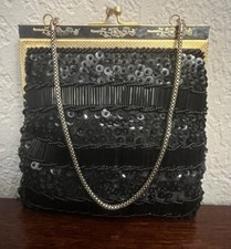 Vintage Beaded Clutch Purse Handbag Sequins Tube Beads Black Made in Hong Kong
