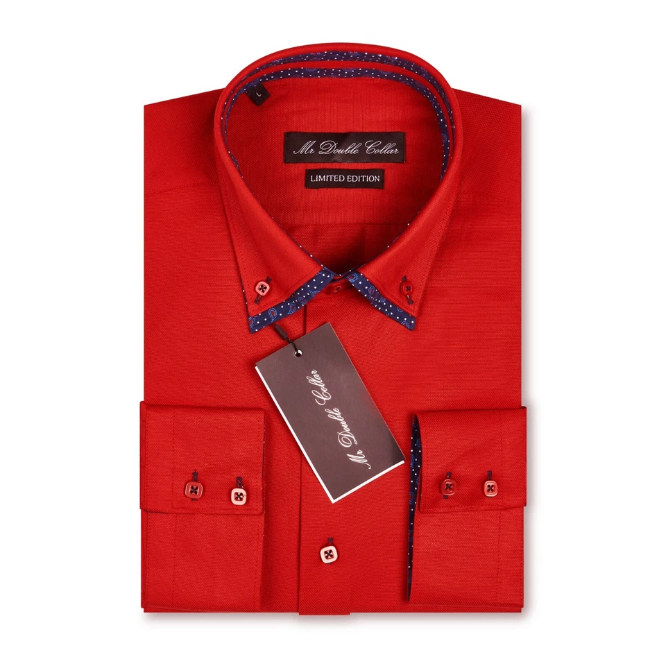Camicia da Uomo Casual Elegante Formale Rosso Doppio Collo Manica Lunga - Nuovo - Immagine 3 di 4