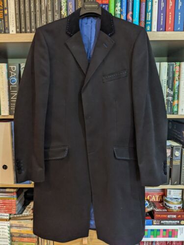 Holland Esquire Black Wool Overcoat with Black Velvet Detailing- Size 42