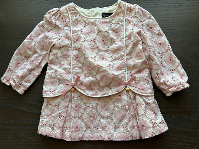 Baby Girl's 12 months pink ivory lace flower long sleeve bow pleated dress