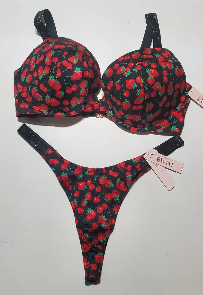 Victoria’s Secret Bikini Set Swim Shine Strap Push Up Thong Cherry Print 38D/M - Image 4 of 4