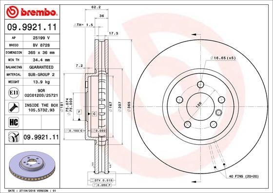 Disques de frein Brembo 09.9921.11 pour essieu avant de berline