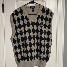 Men Gant Gray V-Neck Argyle Diamond 100 Cotton Sweater Size L