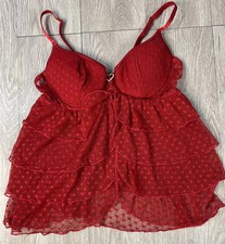 Fredericks Of Hollywood Babydoll Cami Ribbon Lace Sheer Hearts Red Size Medium