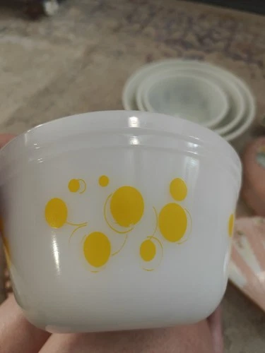 Vintage Federal Glass white milk glass refrigerator dish with yellow atomic dot