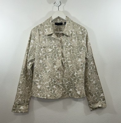 Lemon Grass Studio Size Medium Light Olive Beige White Floral Twill Jacket L/S
