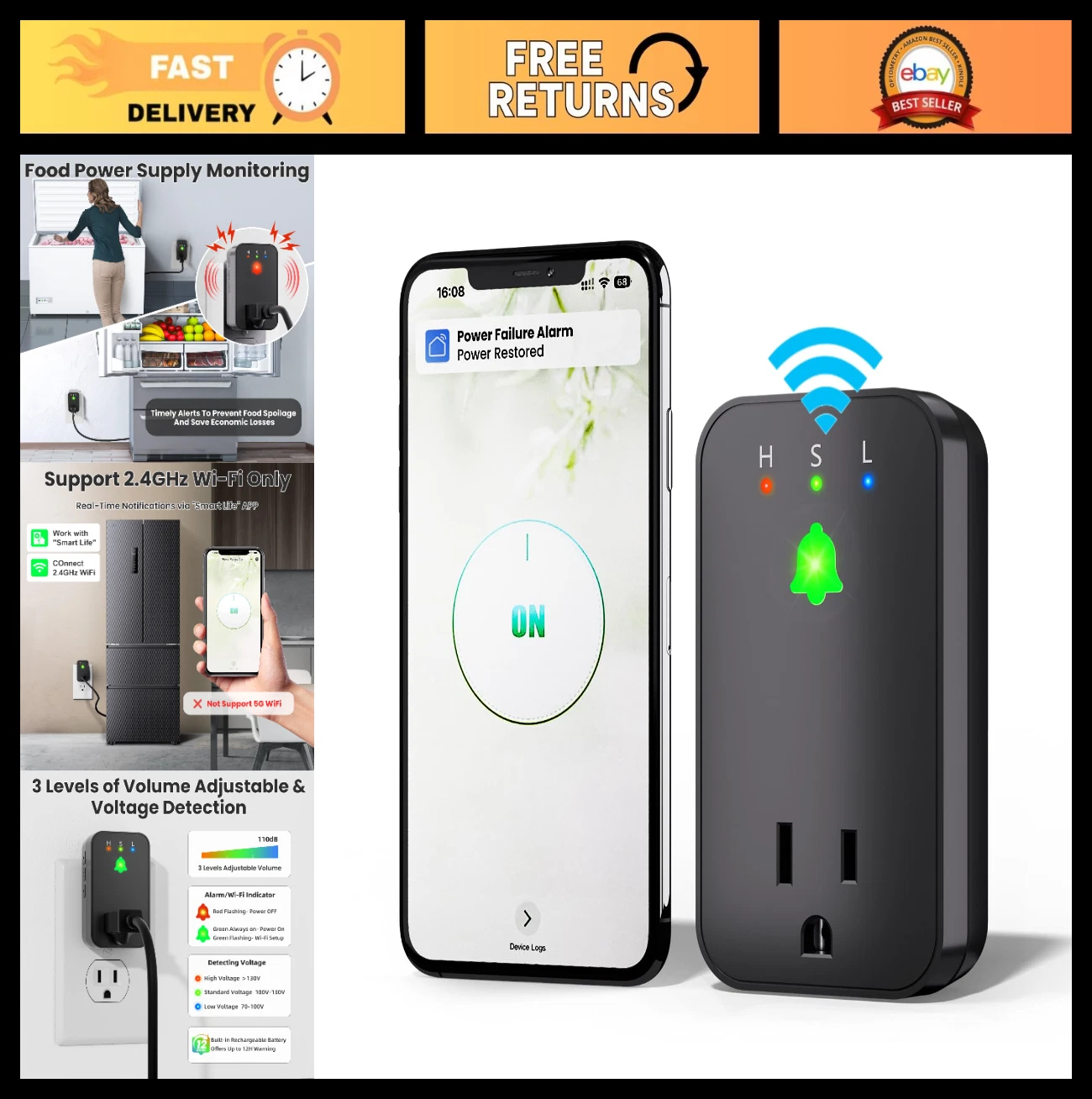 Smart WiFi Power Failure Alarm with App Alerts, 110dB Loud Freezer Alert & Volta