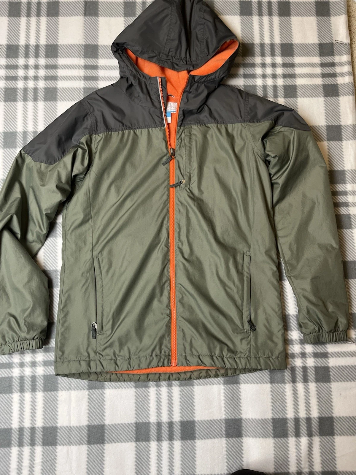 Columbia Big Boys Lined Jacket | Green Orange Zip Front Youth XL