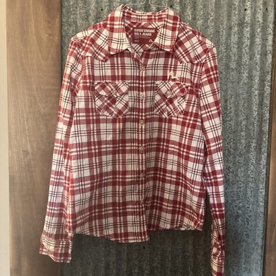 Evisu Unique No. 1 Jeans Women s Small Red Plaid Button Up Shirt Top