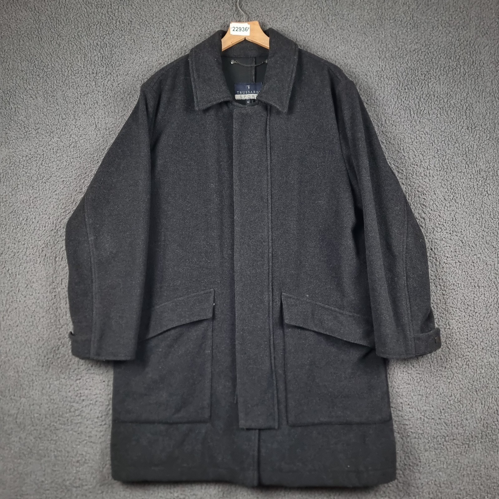 Trussardi, Vintage TRUSSARDI Coat Mens L Large 42 Charcoal Black Wool Blend Long Overcoat