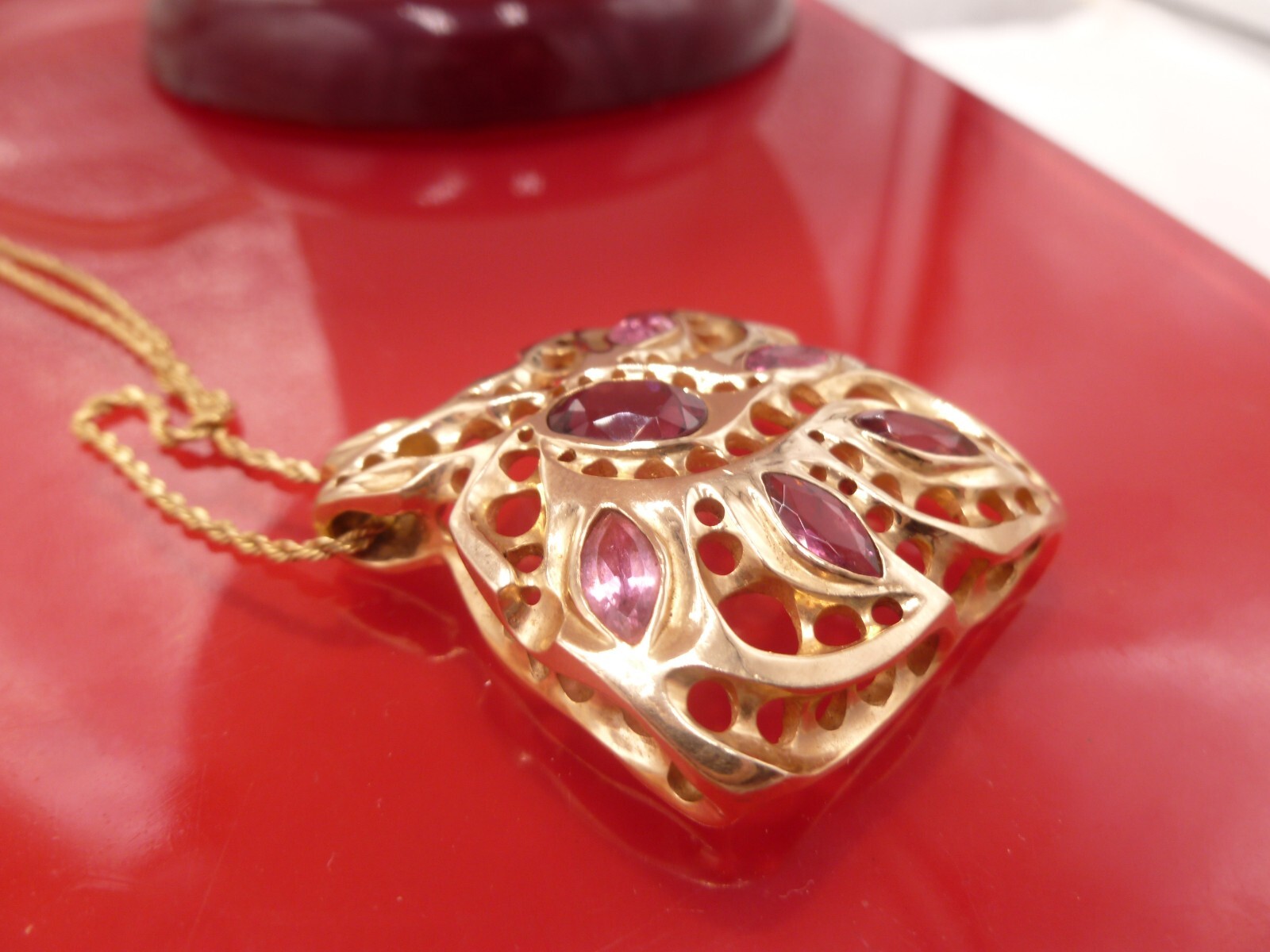 14K Yallow Solid Gold Garnet Ruby Charm Pendant M… - image 6