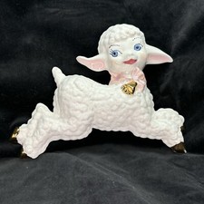 Irene Smith Ceramic Lamb Nursery Wall Hanging Signed 1955 Gold Hooves Blue Eyes
