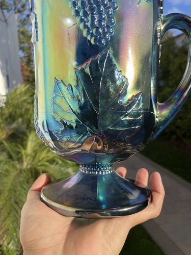 Vintage Indiana Iridescent Blue Carnival Glass Pitcher Harvest Grapes PRISTINE - Picture 4 of 16