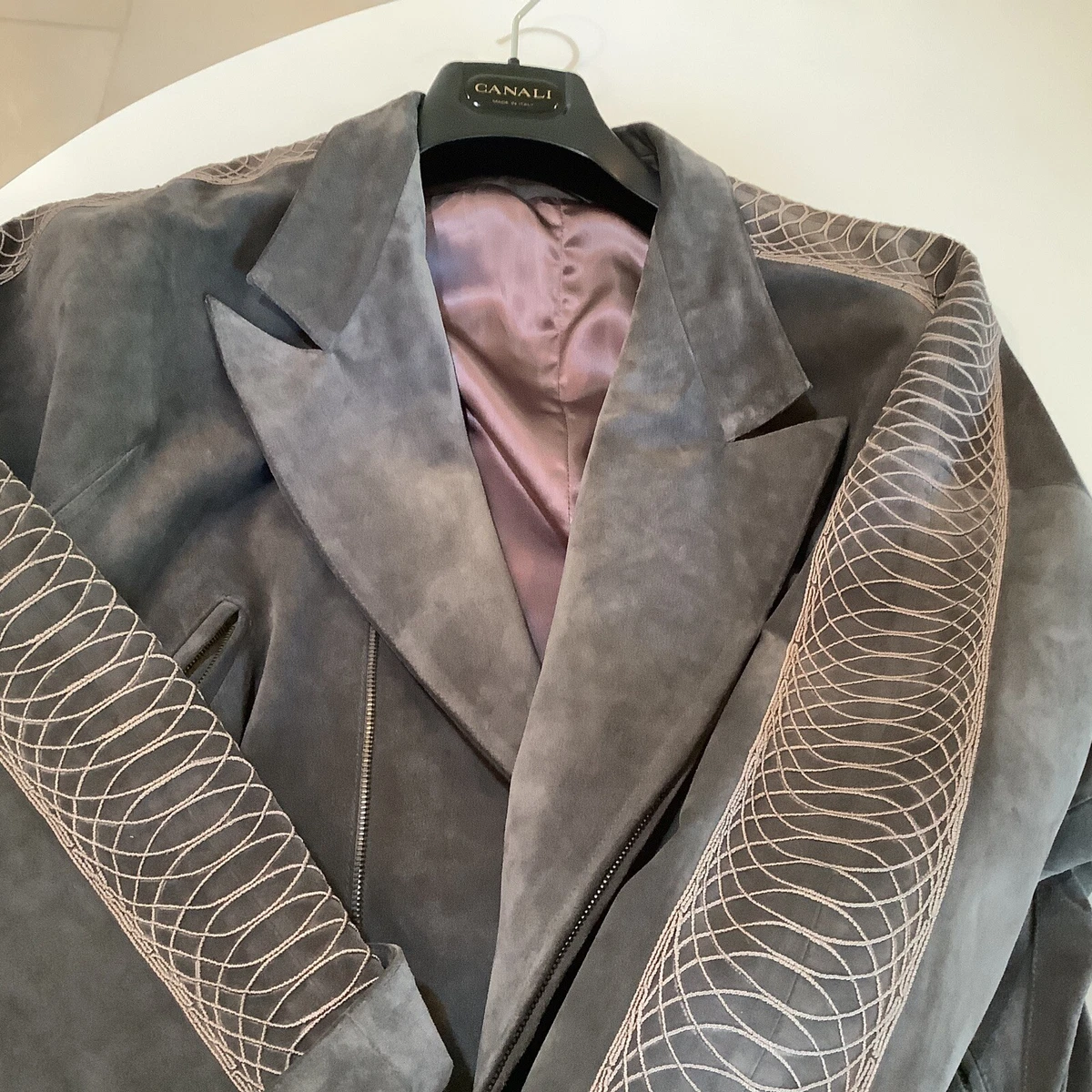 Claude Montana Vintage 1980’s Paris Ideal Cuir Embroidered Grey Suede Jacket